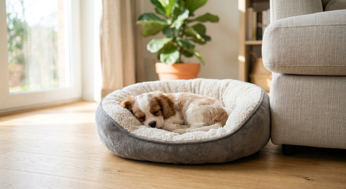 A puppy asleep in the Soft Fleece Round Pet Bed in a bright living room