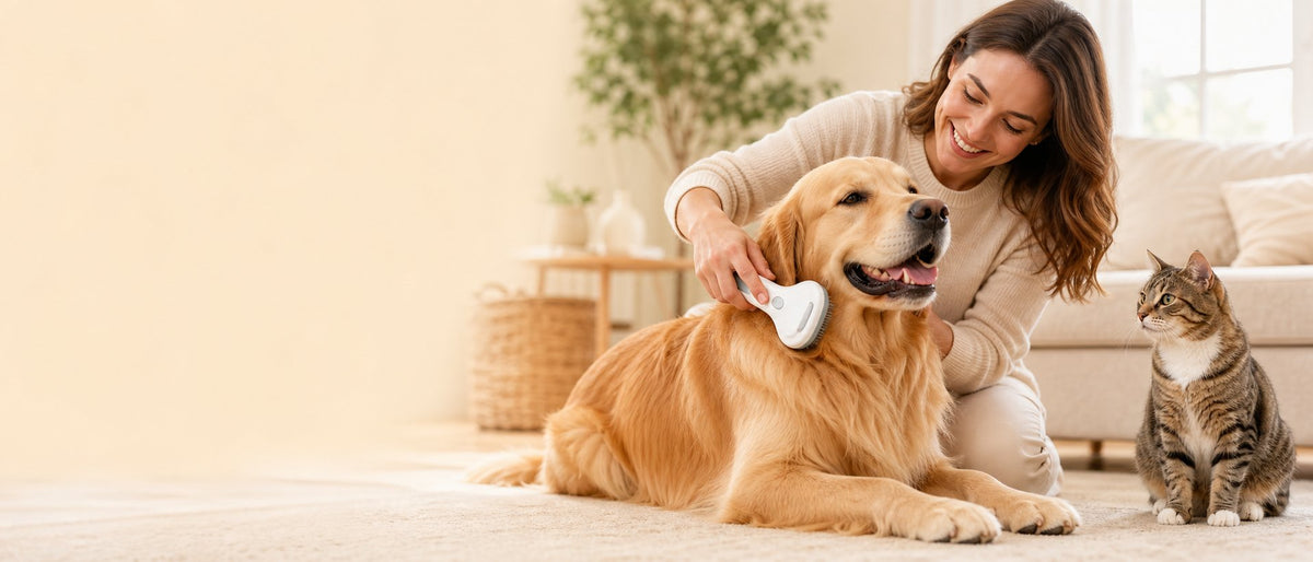 Woman brushing golden retriever at home with cat nearby