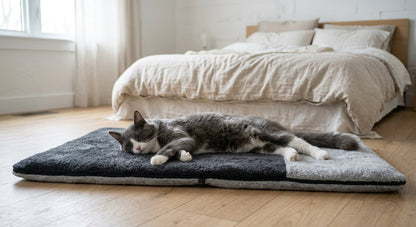 A cat stretched out on the 2-in-1 Convertible Pet Mattress unzipped as a flat mat