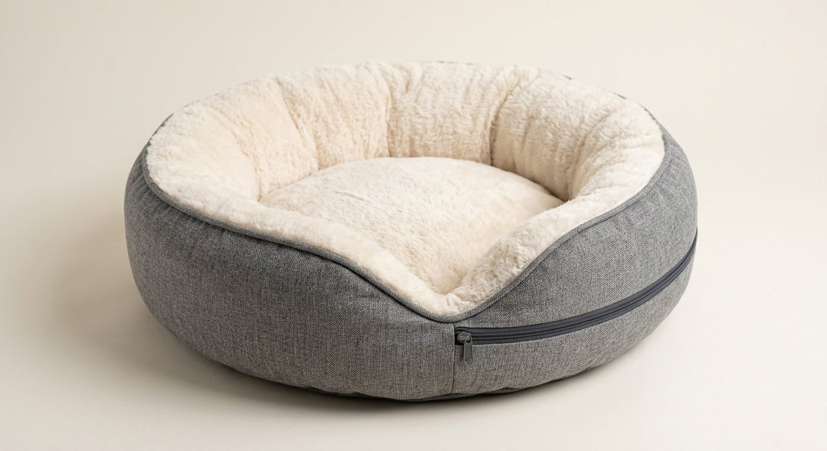 The 2-in-1 Convertible Pet Mattress in its nested bowl shape with zip detail