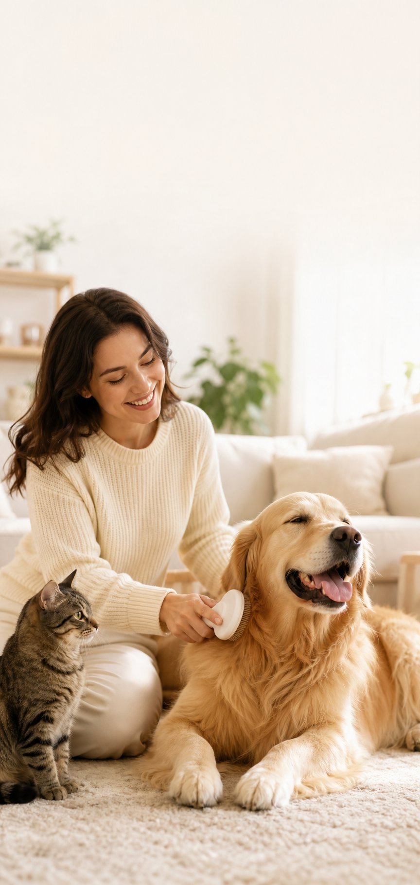 Woman brushing golden retriever with cat - mobile